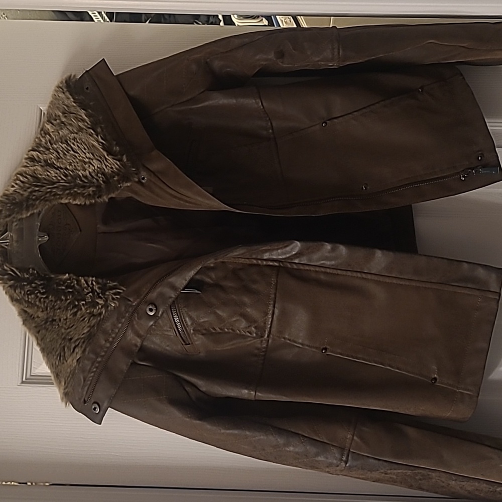 Ladies brown faux fur pleather jacket
